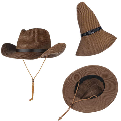 Straw Cowboy Hat for Women Men Classic Western Cowgirl Cap Foldable Sunhat Shapeable Fedora Panama Cap Wide Brim Beach Hat Coffee