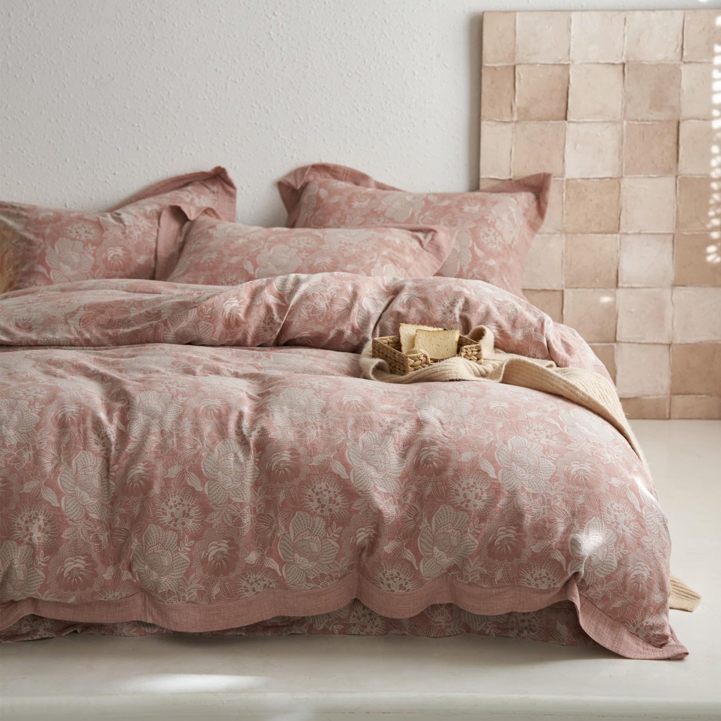 VM VOUGEMARKET Blush Pink Flower Duvet Cover Set Queen,3 Pieces Retro Jacquard Pink Floral Bedding Set,Linen Cotton Yarn-Dyed Textured Duvet Cover with Zipper Closure