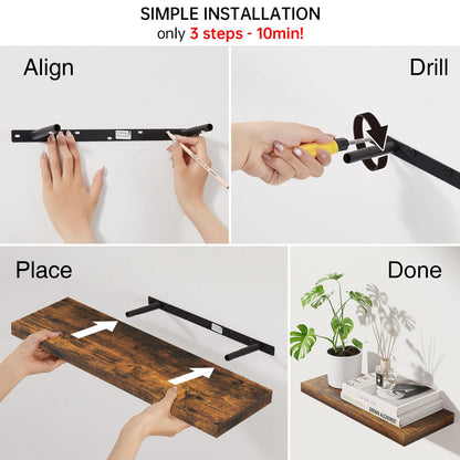 BAYKA Floating Shelves for Wall, Set of 3, 22.5 Inch Rustic Wood Wall Mounted Shelving for Bathroom, Bedroom, Living Room or Kitchen, Hanging Display Decor Book Shelf with 22 lbs, Rustic Brown