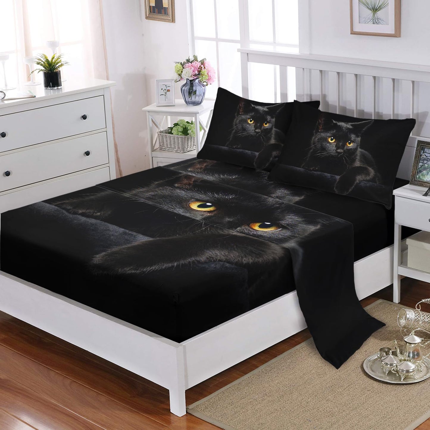 Nttopship Black Cat 4 Pieces Bed Sheets Soft Microfiber,Bedding Set Fitted Sheet Deep Pockets Top Flat Sheet Room Decor Animals Queen Size with 2 Pillowcases for Girls and Boys