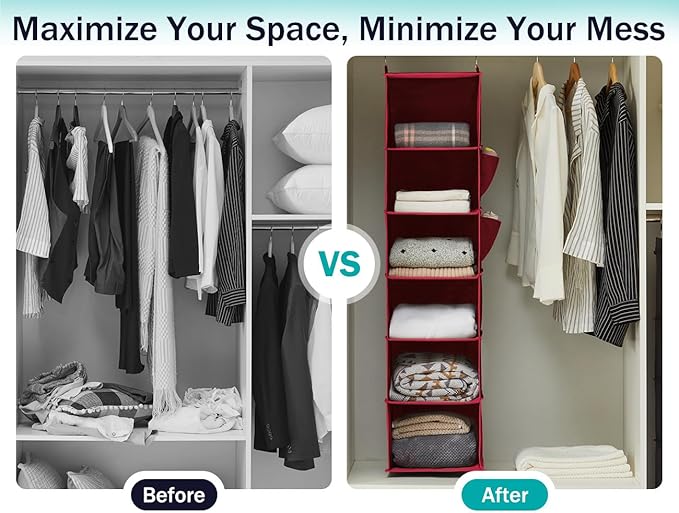 YOUDENOVA Hanging Closet Organizer and Storage, 6-Shelf Closet Hanging Storage