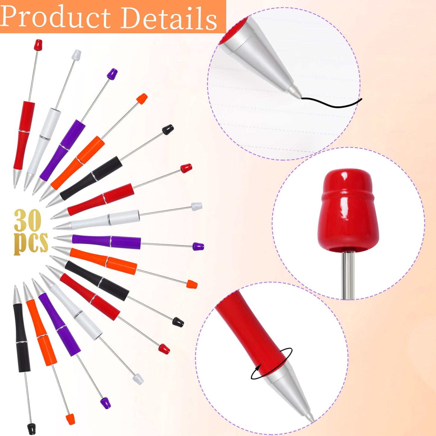 jiebor 30Pcs Halloween Beadable Pens Plastic Bead Ballpoint DIY Cute Cool Pens Black Ink for Students Teacher Women Men Bridal Graduation Gift Office School Supplies