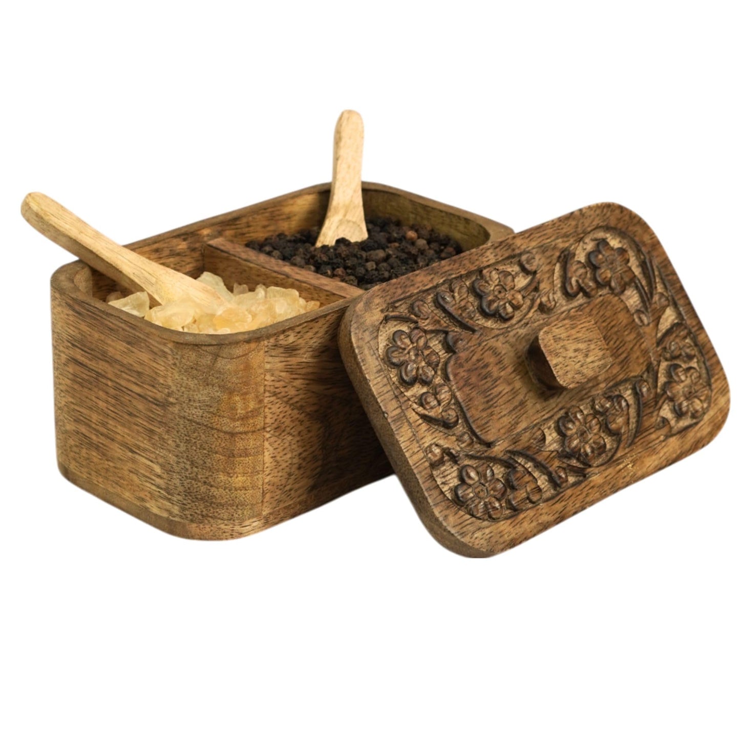 Mie Creations Duet Salt and Pepper Box Cellar with Hand Carved Lid & 2 Spoons, Rustic Wooden Pinch Bowls with 2 large Compartments | Wood Salt Storage Keeper, Spice Bowls for Kitchen Cooking