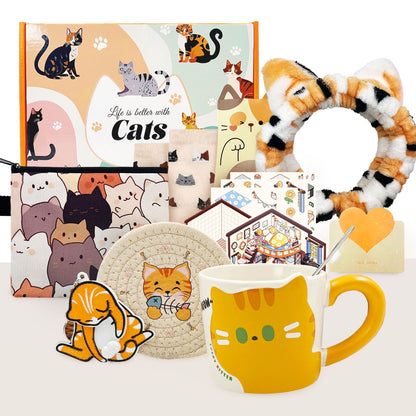 SNAIL GARDEN 10PCS Cat Gifts for Cat Lovers, Cat Gifts for Women with Ceramic Mug, Coaster, Coin Purse, Headband, Keychain, Socks, 3D Miniature Sticker, Cat Mini Box, Greeting Card & Gift Box
