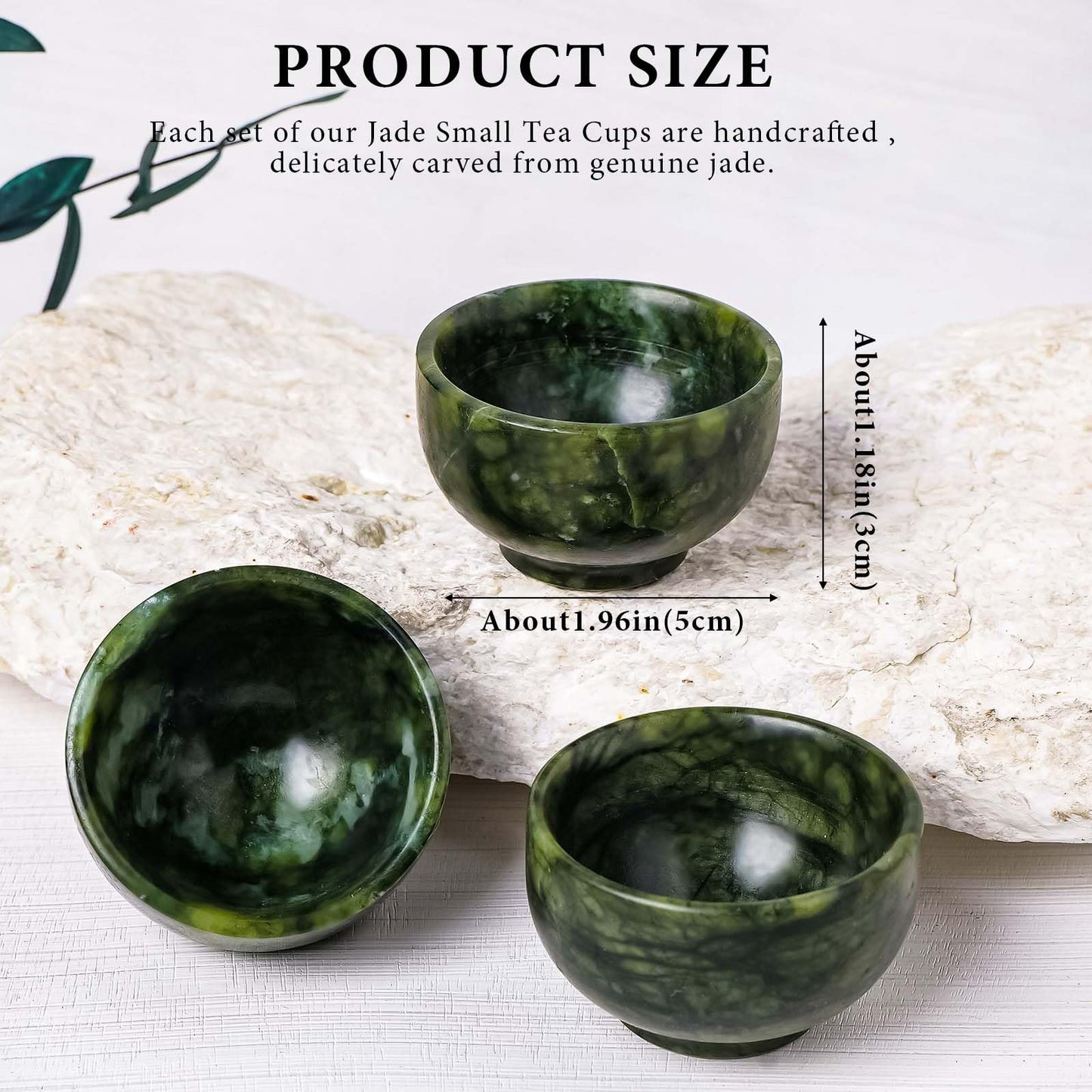 Runyangshi 2PCS Natural Jade Tea Cup Set Green Jade Healing Crystal Water Cup Hand Carved Bowl Gongfu Tea Set Reiki Meditation Home Decor Gift (atrovirens)