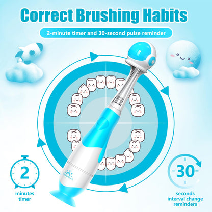 Baby Toothbrush Electric Toddler & Kids Electric Toothbrush 0-2-3 Years Old with Infant Finger Tooth Brush, Cute Cover, LED Light, 2 Minutes Timer, 4 Brush Heads, Suction Cup (Blue Astronaut)