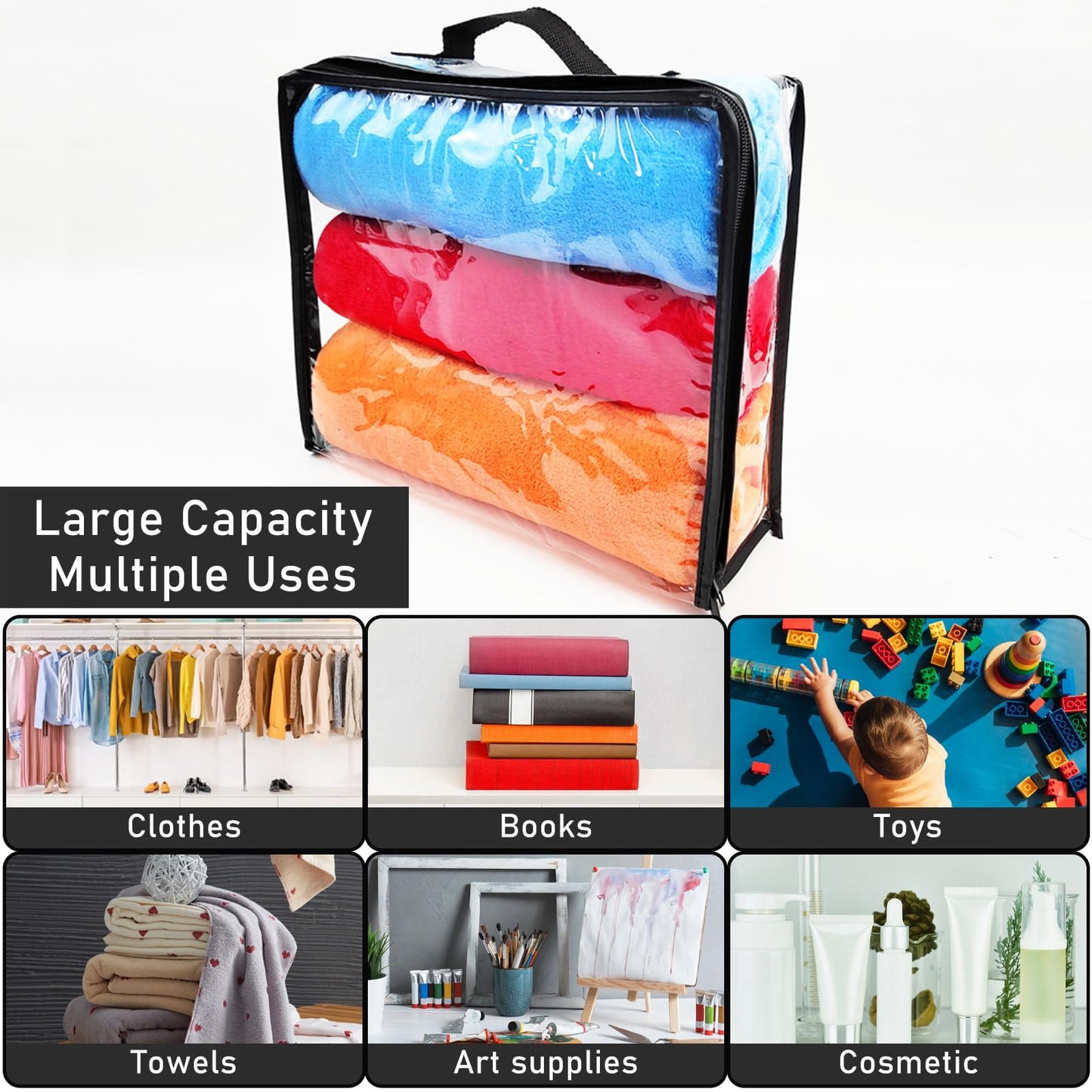 Hlimior 10 Pieces Large Clear Travel Packing Cube ，Clear Vinyl Zippered Storage Bags See Through Moving Bag Plastic Storage Bags PVC Multipurpose Pouch with Handle for Sweater Shirts Dress Storage