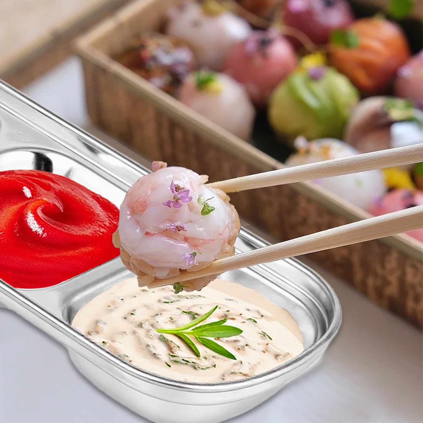 UCEHIPAW 24 Pcs Soy Sauce Dish Stainless Steel Korean 3 Compartment Dip Sauce Bowls Home Tray Divided Seasoning Dipping Condiment Plate for Restaurant Spice Salt Sugar Vinegar BBQ (Silver)