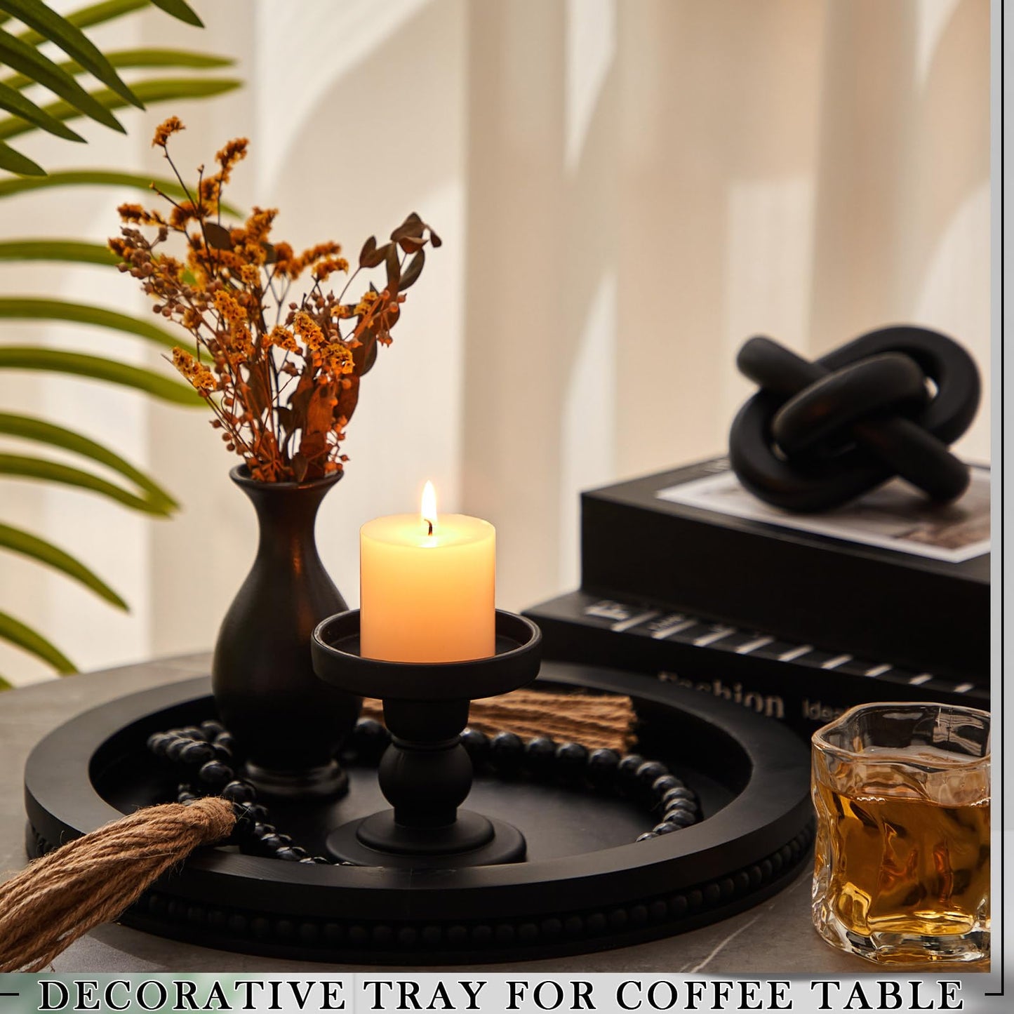 3 Pcs Coffee Table Decor Include 12in Black Wooden Serving Tray, Wood Boho Knot Chain and Wood Bead Garland with Tassels for Coffee Table Housewarming Gift Dining Room Entryway Living Room Farmhouse
