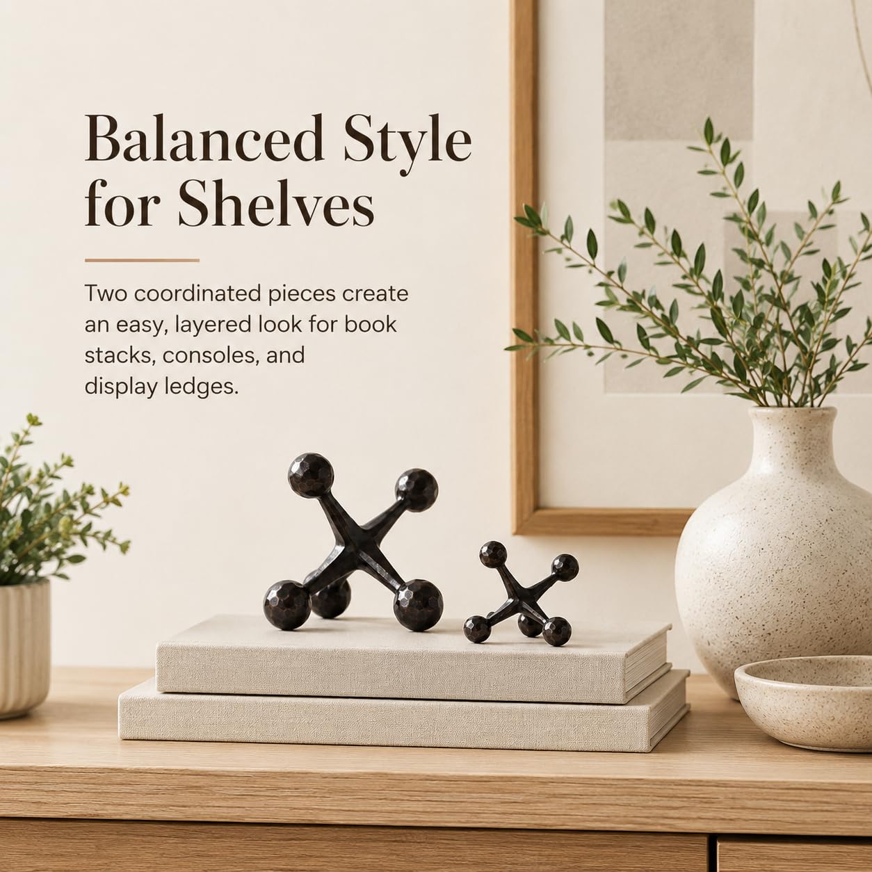 2-Piece Mid-Century Modern Jacks Decor Set - Lightweight Resin Decorative Knot Alternative for Coffee Table,Bookshelf & Office Desk - Abstract Geometric Sculpture Objects,Bronze Finish (Bronze)