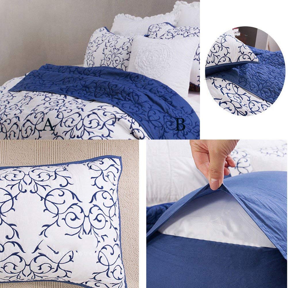 mixinni 2-Piece King Size Soft Microfiber Royal Blue Quilted Embroidery Floral Pattern Pillow Shams-20" x 36"
