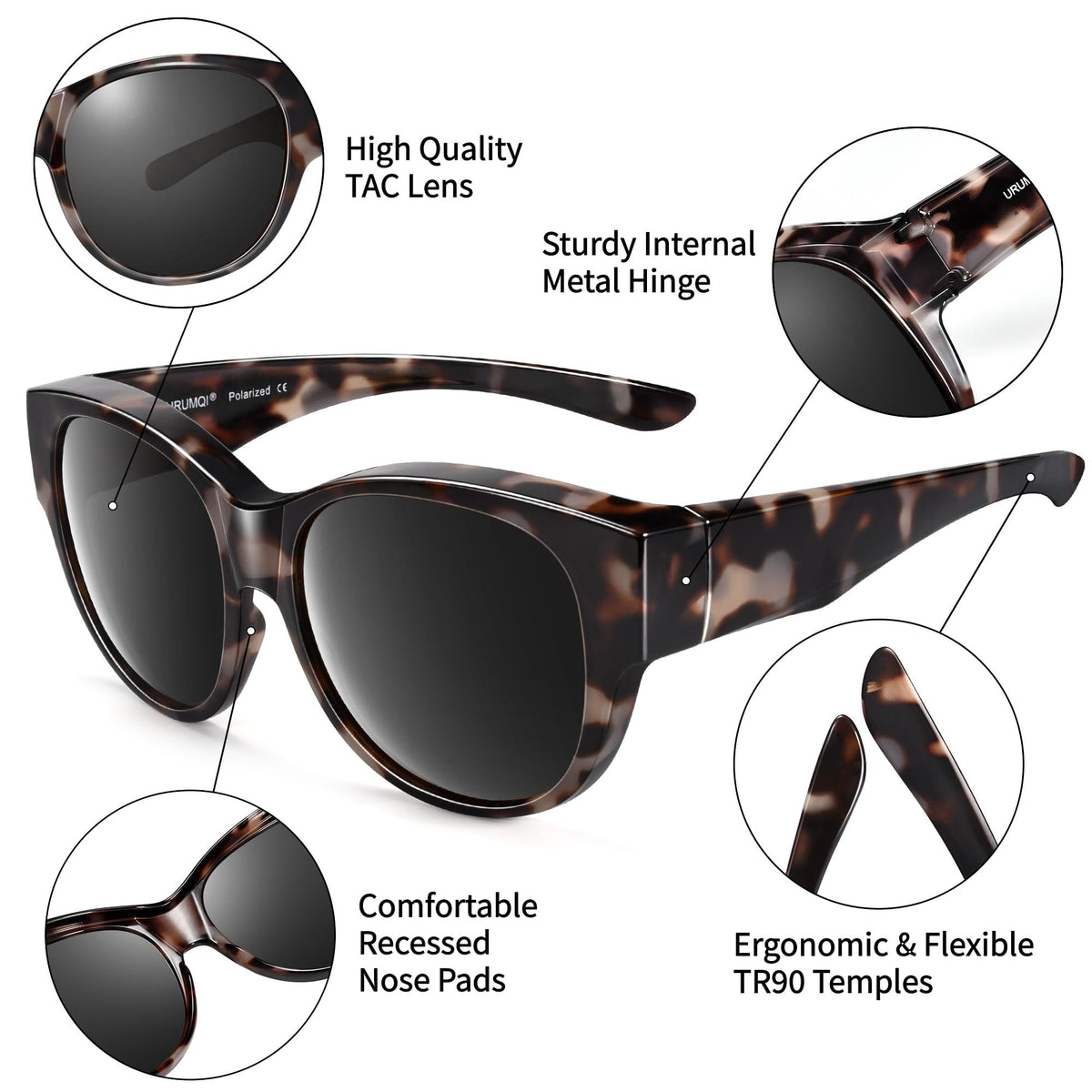 URUMQI Sunglasses Fit Over Glasses for Women, Polarized UV400 Protection Sun Glasses Trendy Round Cat Eye Shades Large Lens