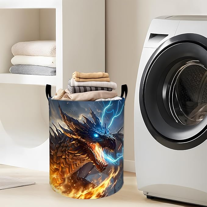 Fiery Dragon Breathing Flames and Lightning Laundry Basket