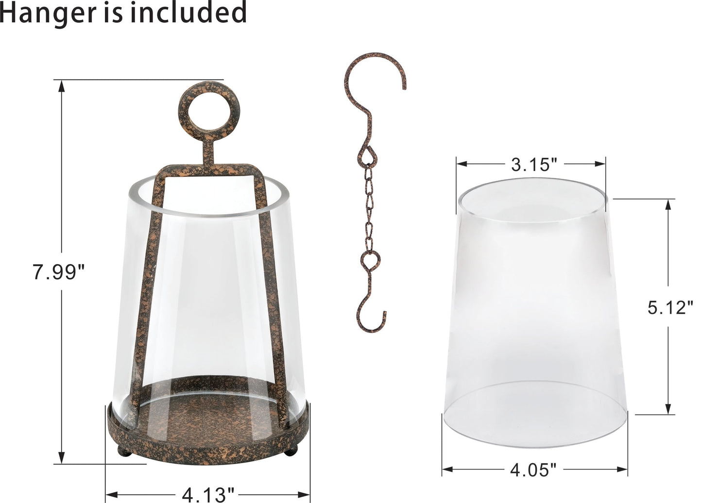 Twakutwaku 4" Wide Modern Farmhouse Metal Hurricane Candle Holder with Handmade Sturdy Glass Sleeve in Rustic Brown for 2" Pillar Candle & Plants, Glass Hurricane Lantern, Industrial, Minimalistic