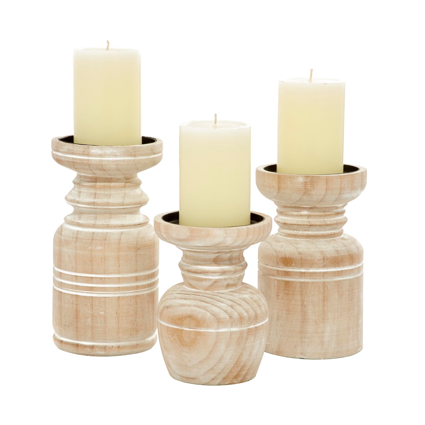 Deco 79 Wood Pillar Candle Holder with White Wash Finish, Set of 3 9", 8", 6"H, Brown