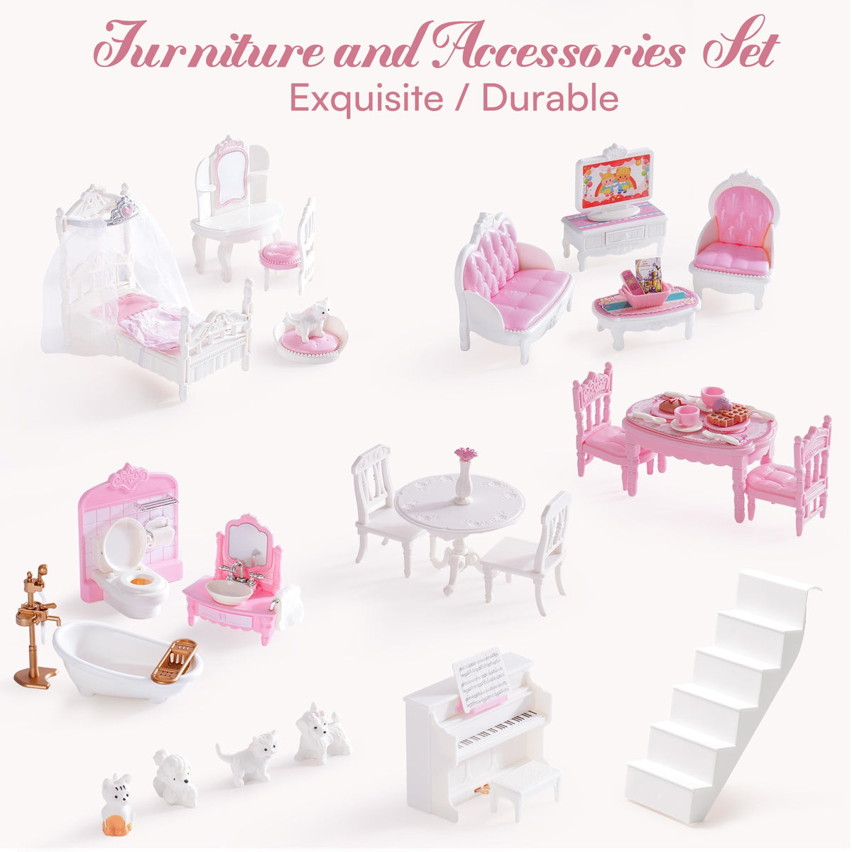 ROBUD Wooden Dollhouse, Doll House Playset with 24-pcs Exquisite Accessories, Working Elevator, Gift for Ages 3+