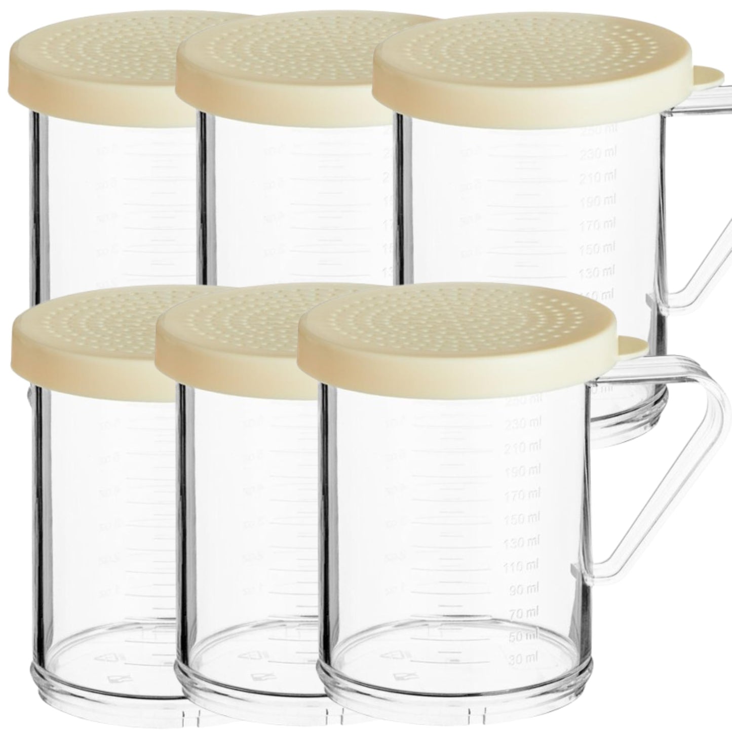 6-Pack 10 oz Polycarbonate Spice Shakers with Beige Lids, Durable Plastic Shaker Set with Measurements & Secure Handle for Finely Ground Spices, Seasonings, & Powder, 2 mm Perforated Lid (6)