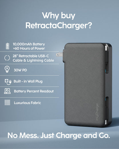myCharge RetractaCharger+ 10000mAh Portable Power Bank - 28" Retractable 1 USB-C & 1 Lightning Cables | Built-in Wall Plug | Digital Display | USB-C/A Ports | Up to 60 Hours of Power | Black