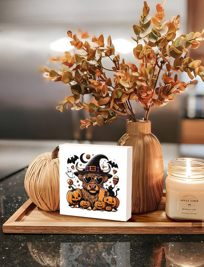 Foritho Funny Halloween Witch Highland Cow Wooden Box Sign Plaque, Halloween Wood Signs for Home Office Desk Shelf Table Decor, Witchy Halloween Decor, Halloween Decorative Signage,5x5 Inch