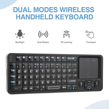 Rii Mini Wireless Keyboard with Trackpad, IR Remote, Small Keyboard for Home Entertainment, Smart TV, Mac, Laptop, Windows, Tablet, Projector (2.4G+Bluetooth, Rechargeable, Backlit)