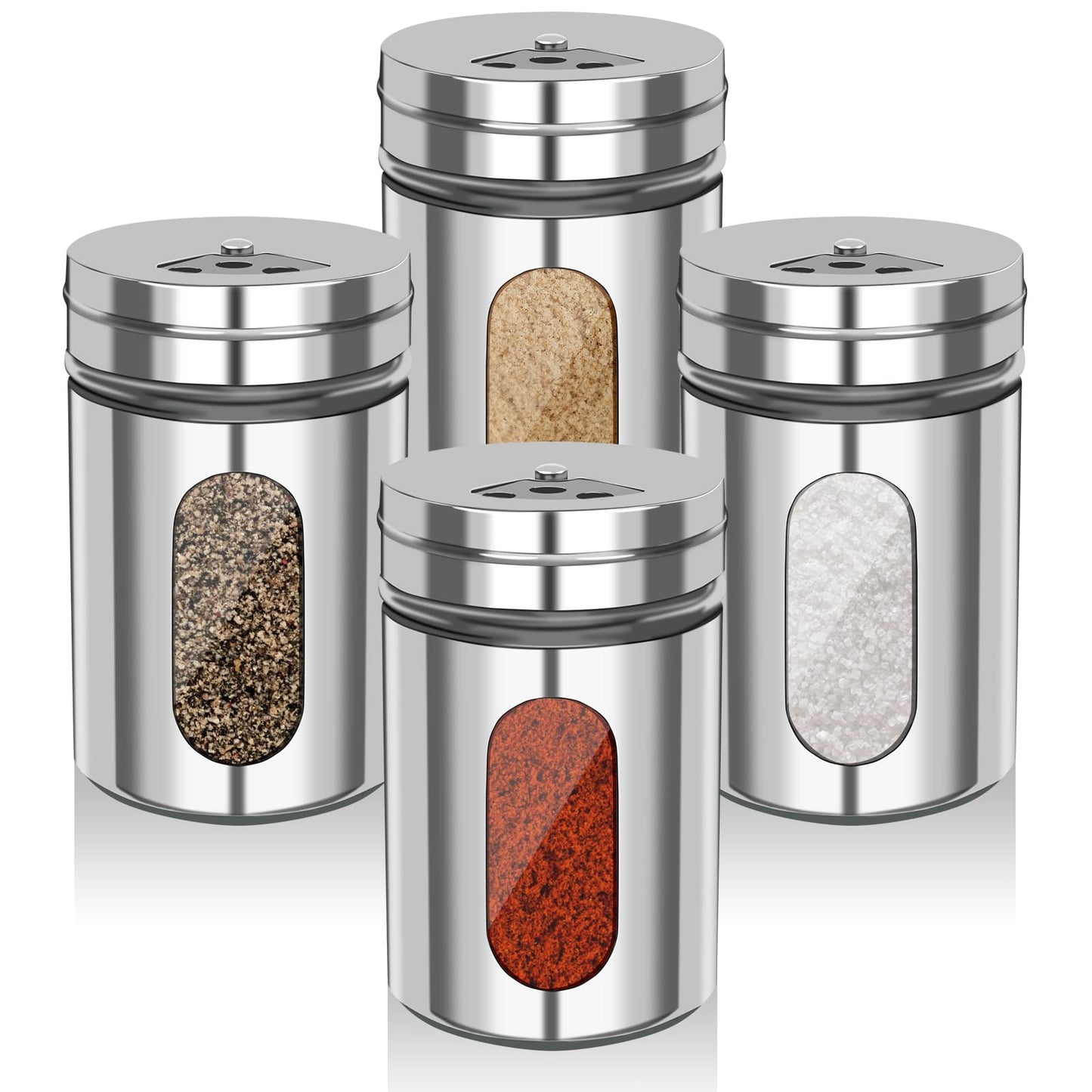 4 PCS Stainless Steel Salt and Pepper Shakers with Adjustable Pour Holes – Elegant Glass and Metal Spice Shakers for Coarse, Kosher, Sugar, Cinnamon, and Spices