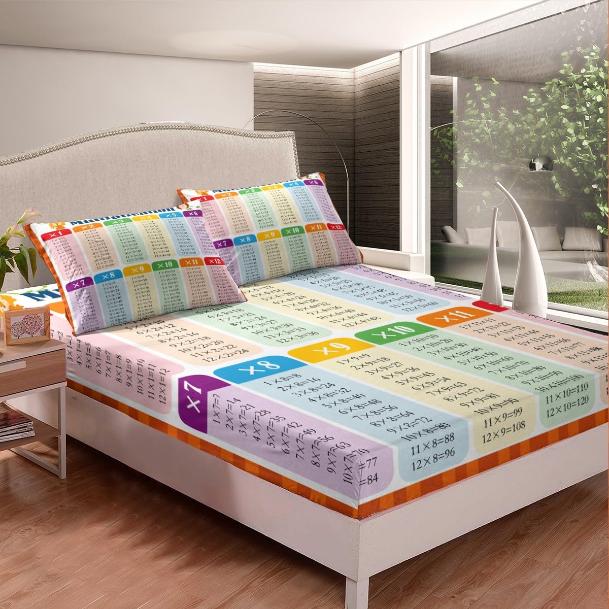 Multiplication Bed Sheet Set Twin, Math Games Fitted Sheet for Kids Educational Bedding Set Learning Time Bed Cover Lightweight Bed Set (No Flat Sheet)