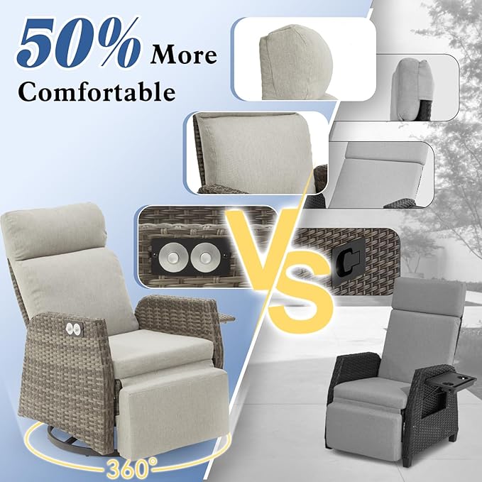 Adjustable Outdoor Recliner Chair with Independent Backrest & Footrest, Patio Swivel Recliner Chair, Wicker Reclining Patio Chair w/Flip-Up Table, Air Pump 155° Lay Flat Chaise Lounge, Gray
