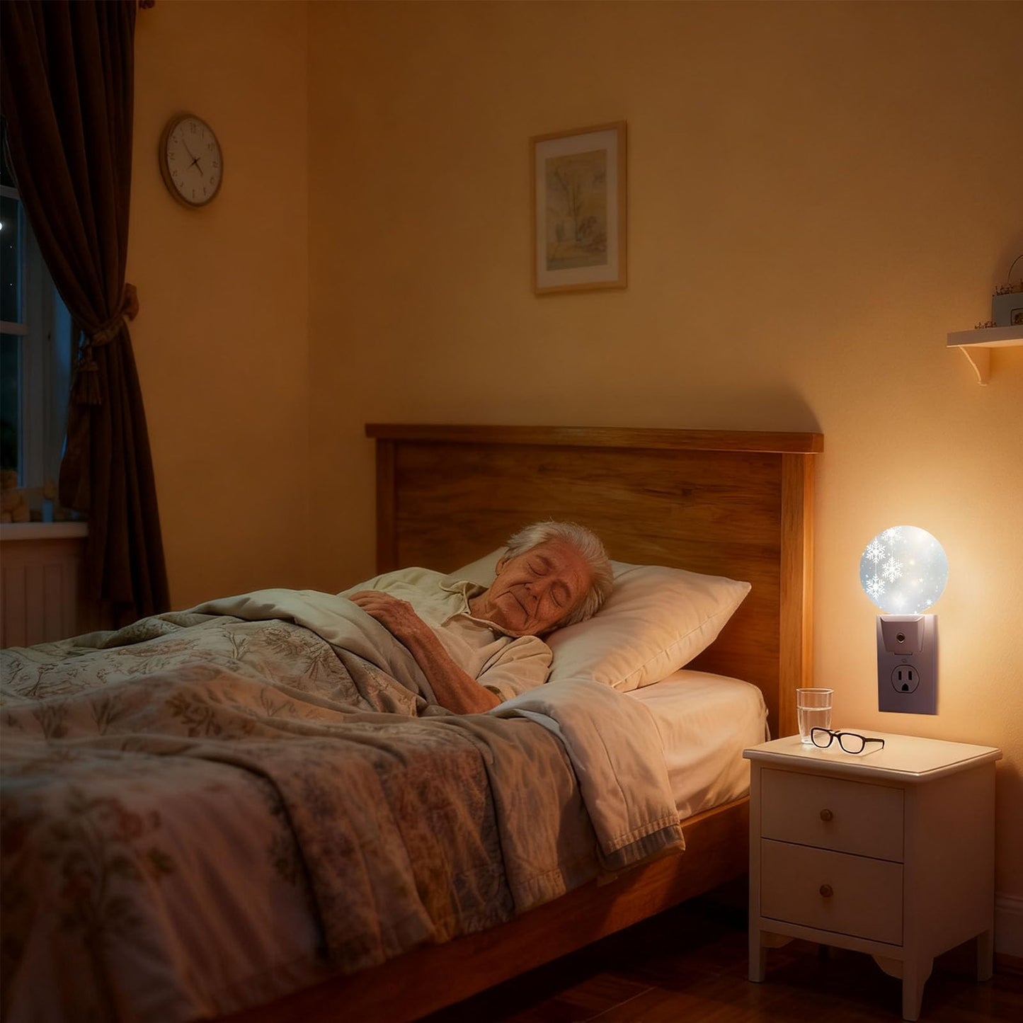 Mugod Winter Snowflake and Starry Scene Plug-in Nightlights Merry Christmas Night Light Plug into Wall with Dusk-to-Dawn Sensor LED Lighting 0.5W Sleep-Friendly