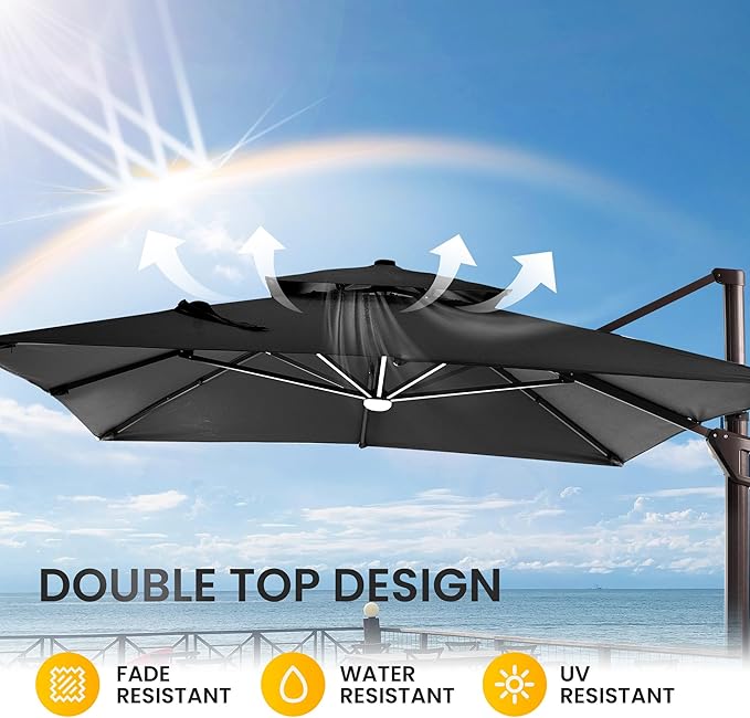 10 X 13 FT Cantilever Patio Umbrella with Led Lights and Base Included Outdoor Heavy Duty Double Top Rectangle Offset Umbrellas with 360-degree Rotation for Pool Deck Backyard, Black