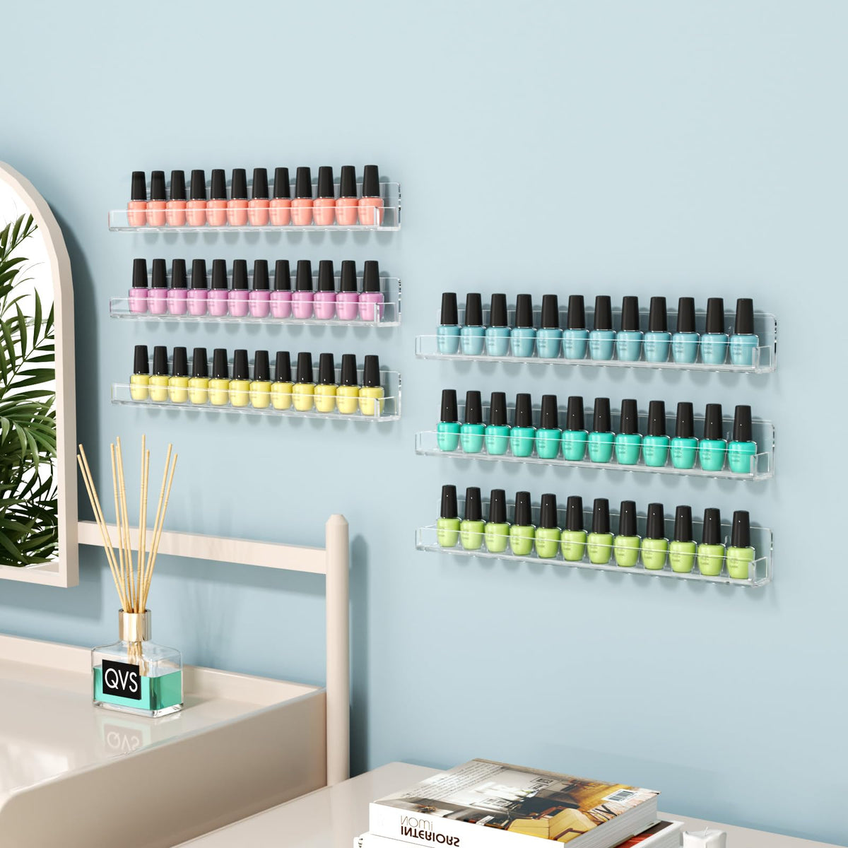 FEMELI Nail Polish Wall Rack: 6 Shelves 15 Inch Clear Acrylic Nail Polish Organizer for 66-90 Bottles Multi-Purpose Acrylic Floating Shelves (15 Inch, Clear)