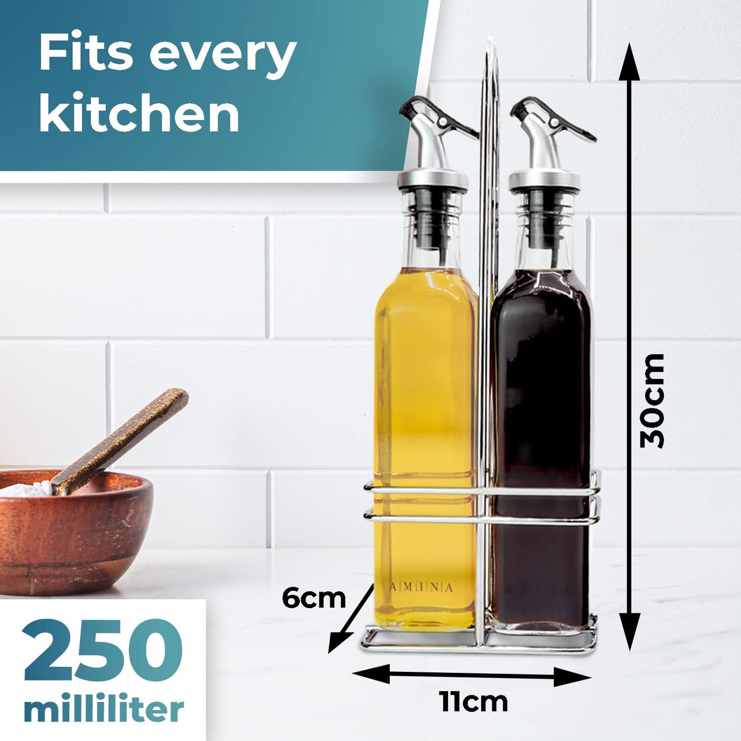 Cucino Vinegar and Oil Bottle Set - Includes Funnel and Labels - Pack of 2 Glass Bottles with Spouts, 250 ml Each - Perfect for Oliveoil
