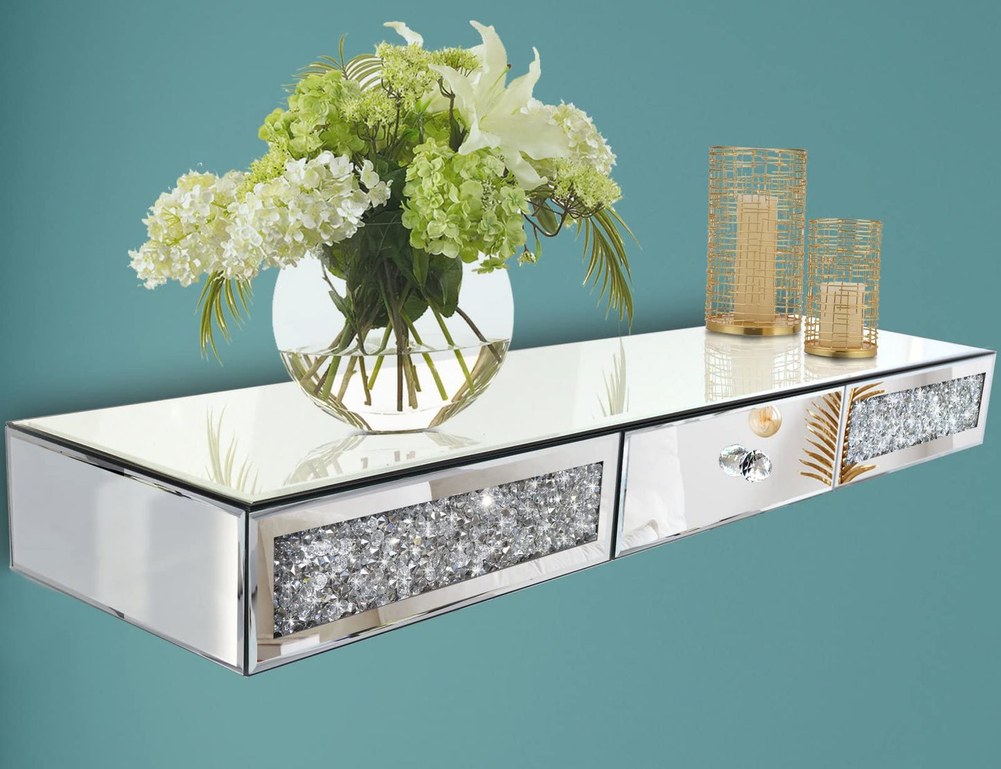 ST3000 Crystal Diamond Mirrored Wall Shelf with Drawer-31.5" Silver Mirror Crushed Glass Floating Shelf for Bedroom, Living Room, Vanity, Entryway-Glam Art Deco Display Shelf (Can Also Rest on Table)