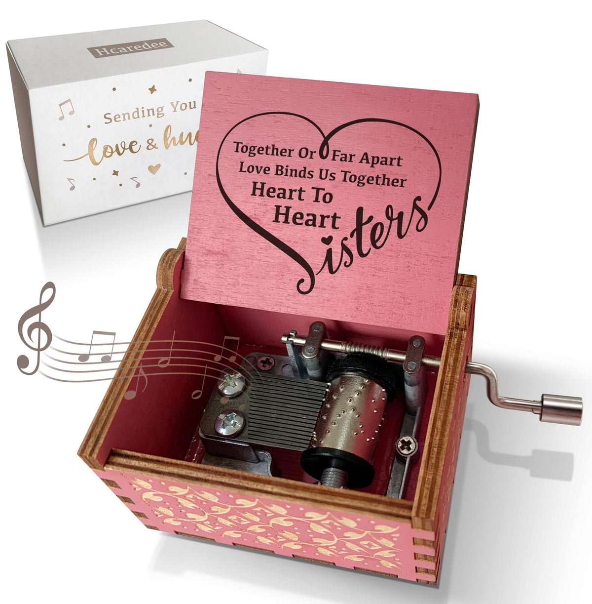 Hcaredee Sister Gifts from Sister Music Box, for Sisters Birthday,You are My Sunshine Hand Crank Wooden Musical Boxes,Christmas Graduation Presents for Best Friends Female Soul Sister Bestie BFF-Pink