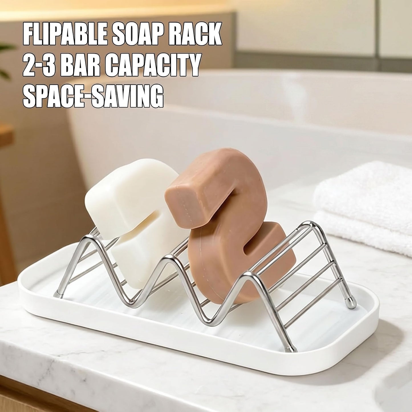 Bar Soap Holder with Removable Drip Tray,Rustproof SUS304 Stainless Steel Soap Dish for Shower Bathroom Countertop, Non-Slip Wave Bar Saver for Shampoo Soap Sponge, White