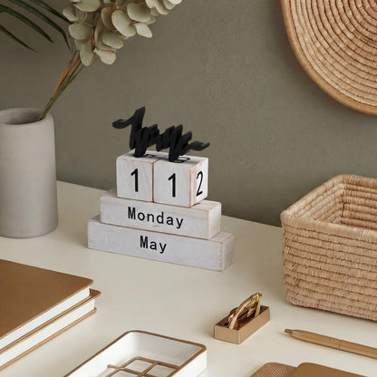 Novabright Retro Wooden Perpetual Block Calendar for Desk Rustic Wood Month Date Display Blocks Home Tiered Tray Decor for Home Farmhouse Office Daily Desktop Calendar Accessories