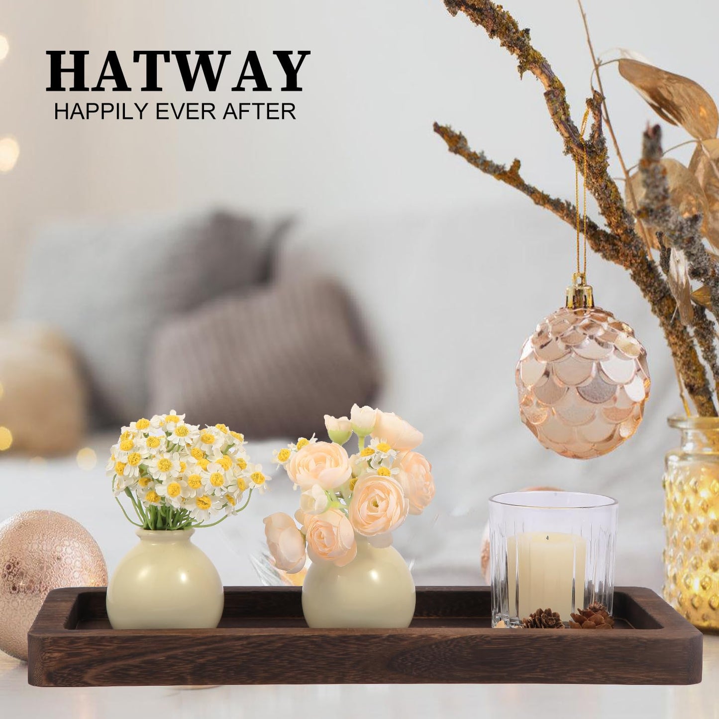Hatway Wooden Decorative Tray Candle Holder Long Wood Tray Home Decor,Centerpieces Plates for Table centerpieces for CoffeeTable,Christmas Decor