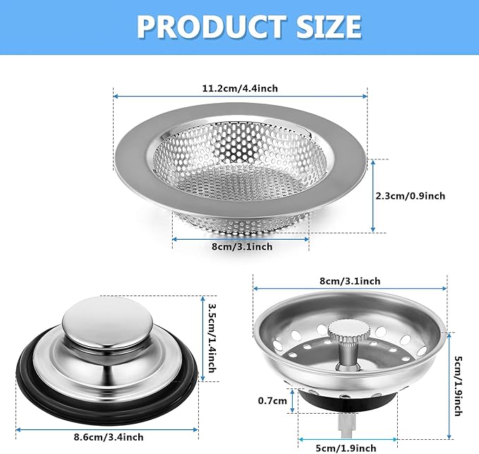 Mudder 3 Pcs Kitchen Sink Drain Strainer and Stopper Stainless Steel Garbage