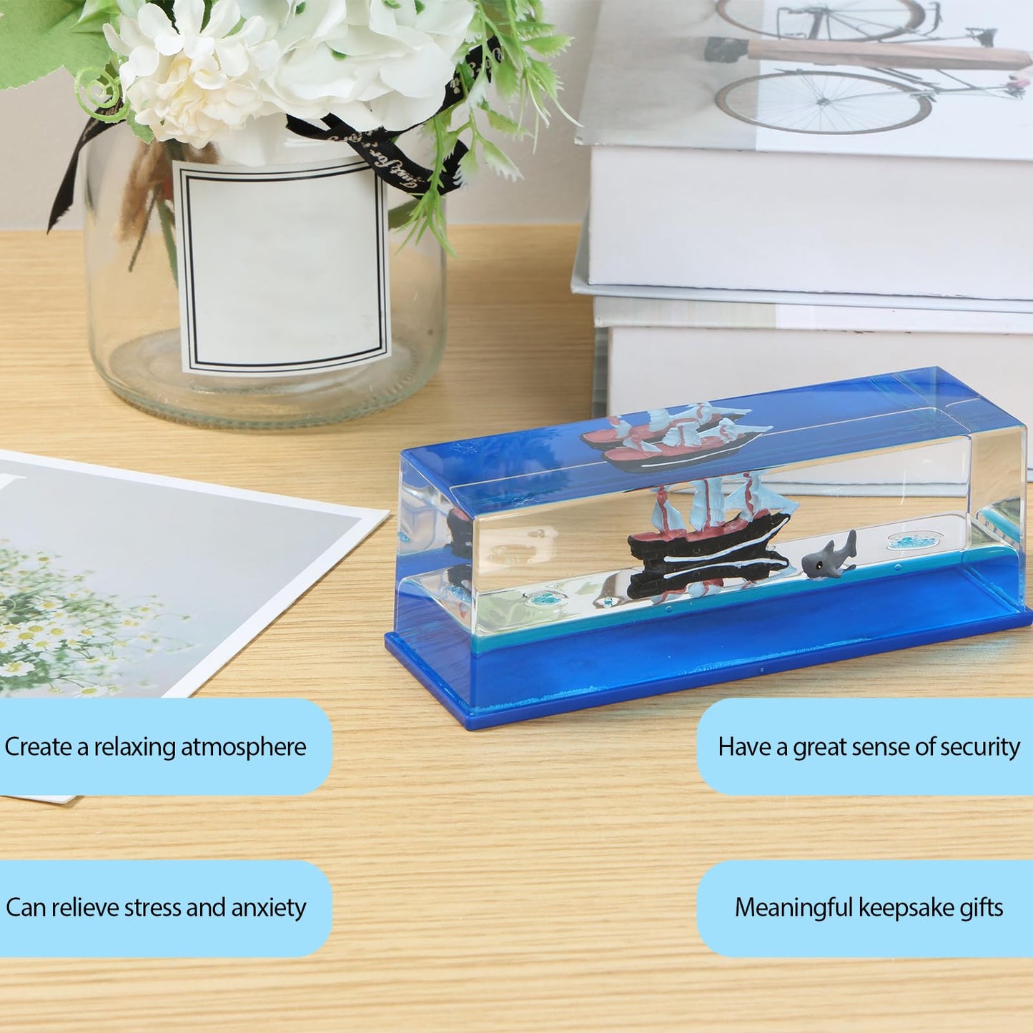KHZSPP Unsinkable Boat in a Box Acrylic + Pure Water +Mineral Oil + Resin 15.2x5.3x5.2cm for Home Decoration Office Decoration Desk Bookshelf Car Display(Ship+Xiaoyu)