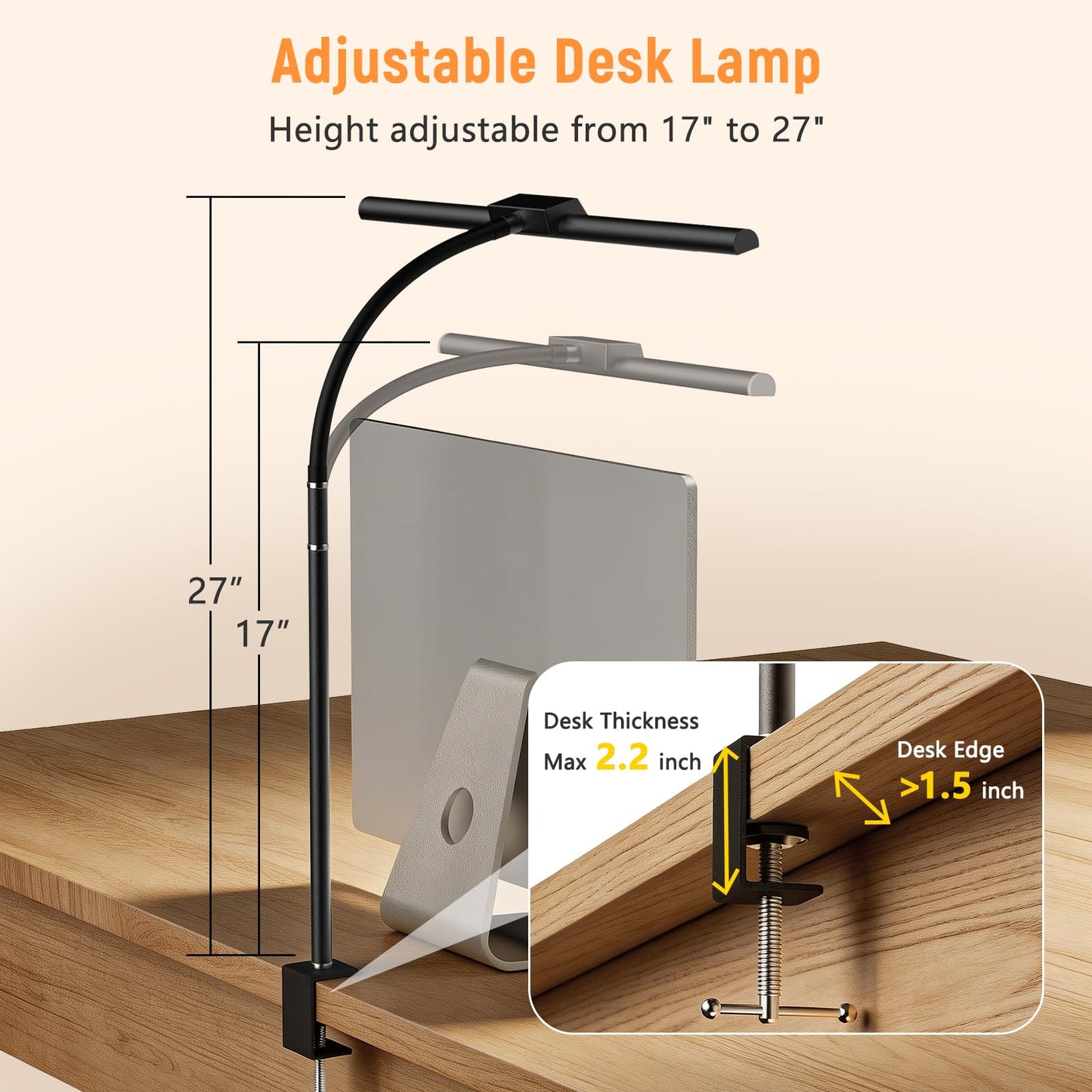 LED Desk Lamp for Home Office, Flexible Gooseneck Desk Lamp with Clamp, 5 Color Touch Control Stepless Dimming Adjustable Eye-Caring Desk Light with Adapter for Reading, Study, Workbench (Black)