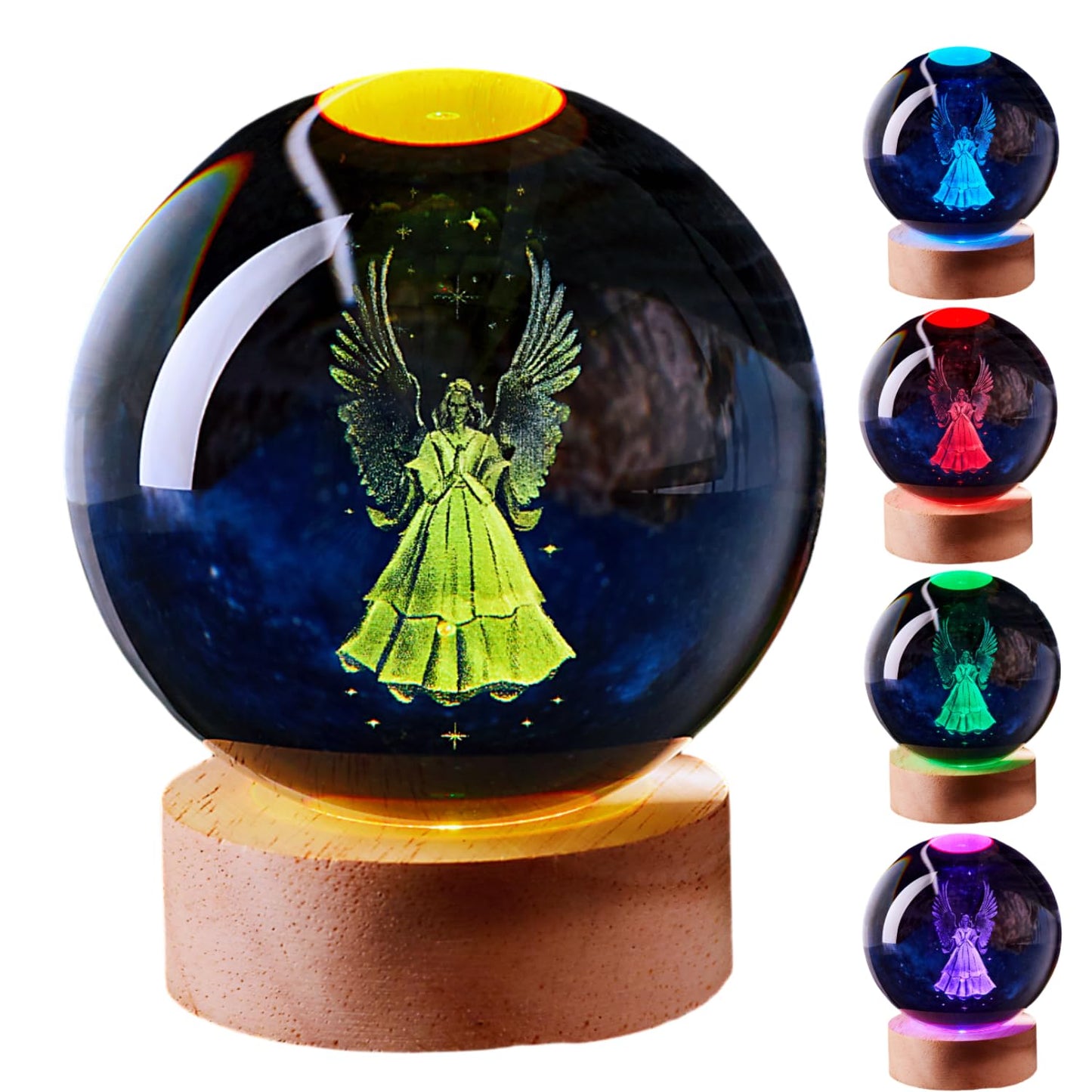 LMLOBEP Large Angel Crystal Ball Night Light with Woodern Base, 3D Crystal Lamp 16 Color Changing with Remote Control, Laser Engraved Glass Ball Lamp, Room Decor (Angel)