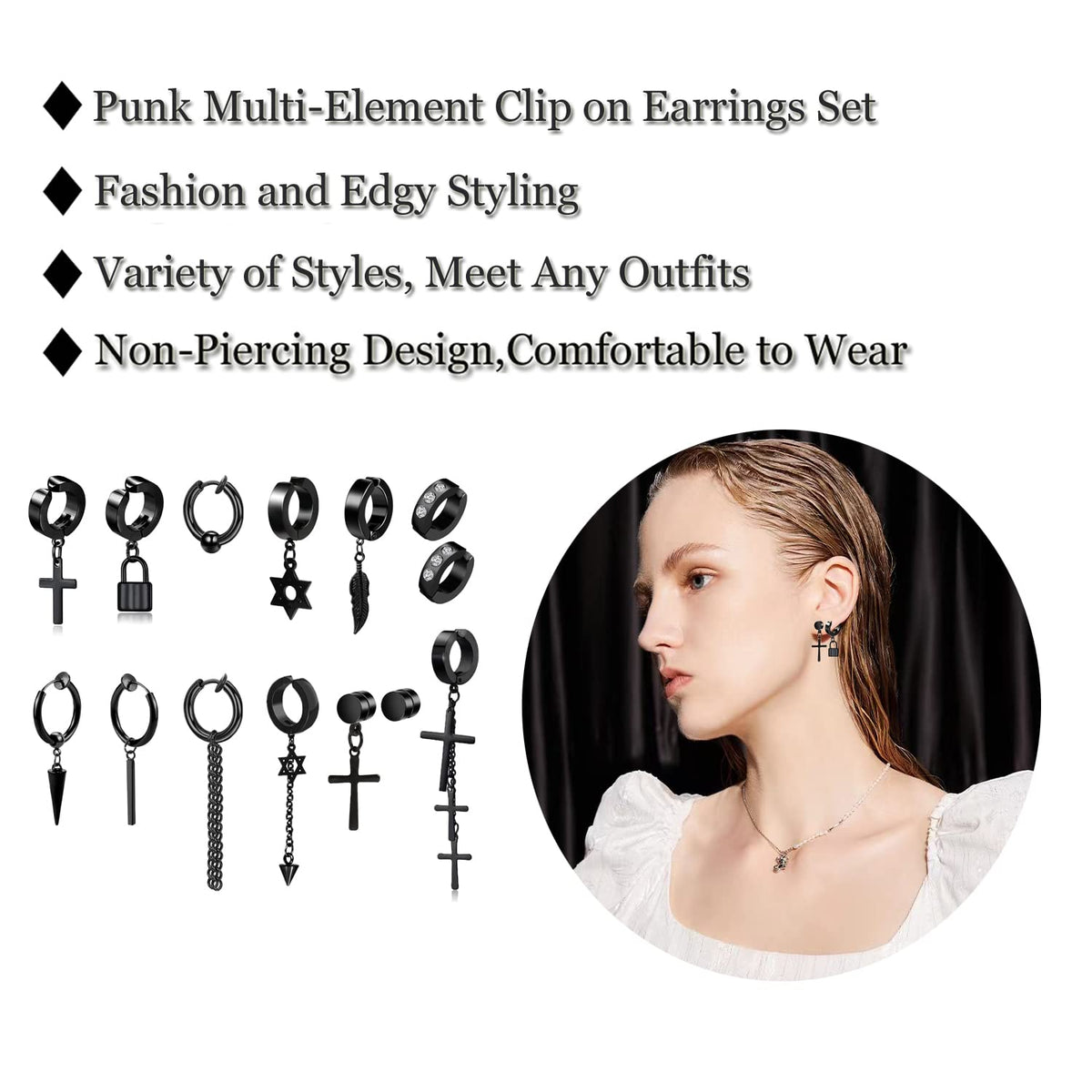 14 Pcs Black Goth Stainless Steel Non Pierced Fake Piercing Cross Feather Spike Awl Star of David Dangle Tassel Clip on Hoop Earrings Set Jewelry for Unisex
