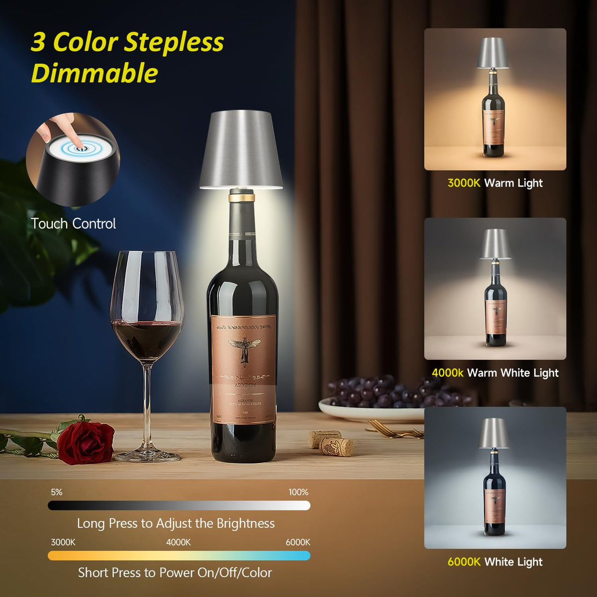 Hoide 2025 New Wireless Bottle Lamp - LED Bottle Lights for Liquor & Wine Bottles, Cordless Lampshade, Whiskey Bottle Top Light, Bottle Stopper Night Light Kit, Rechargeable 3-Tone Touch-Dimmable