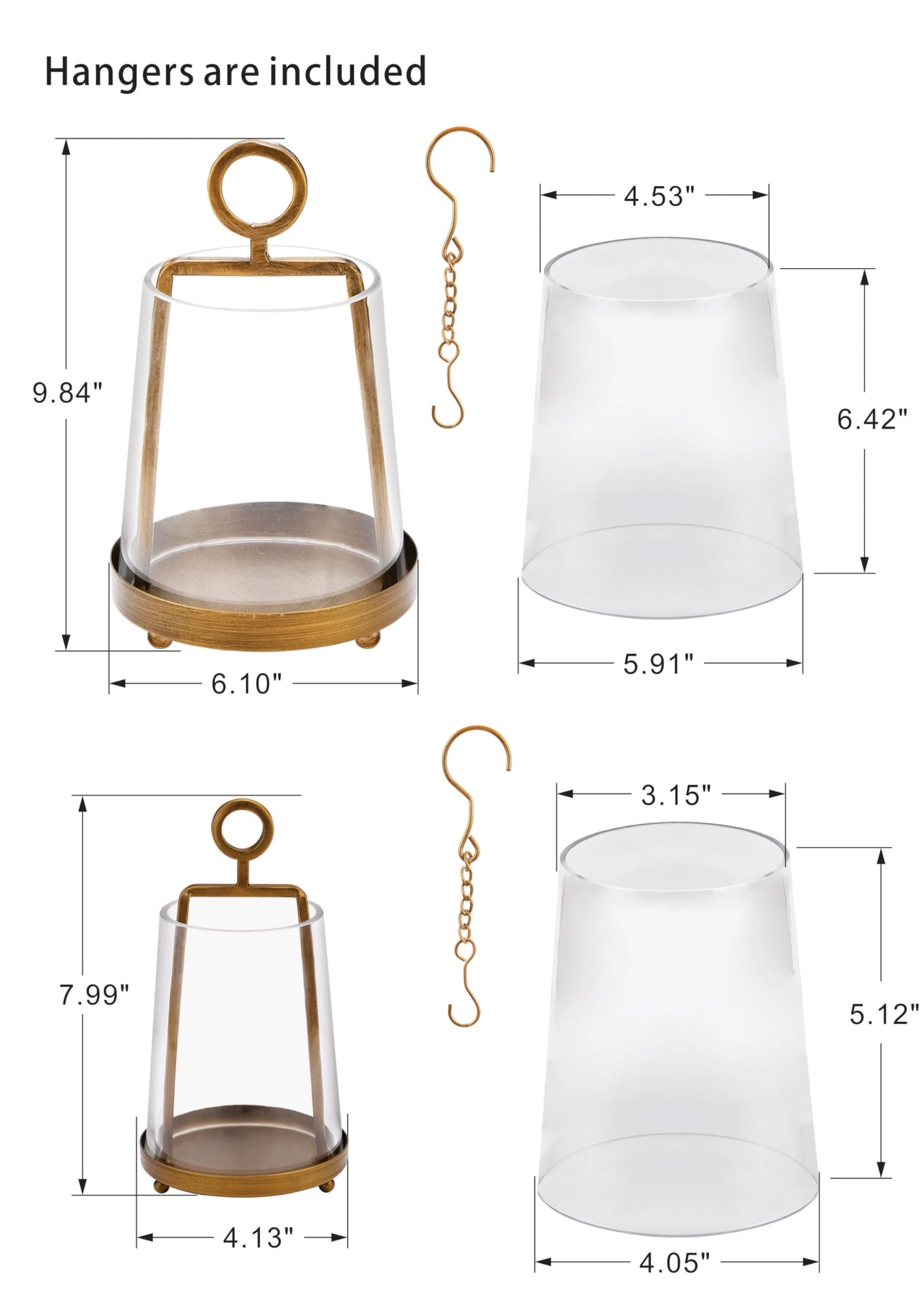Twakutwaku 6" & 4" Wide Modern Farmhouse Metal Hurricane Candle Holder with Handmade Sturdy Glass Sleeve in Antique Brass for Pillar Candle & Plants, Glass Hurricane Lantern, Industrial, Minimalistic
