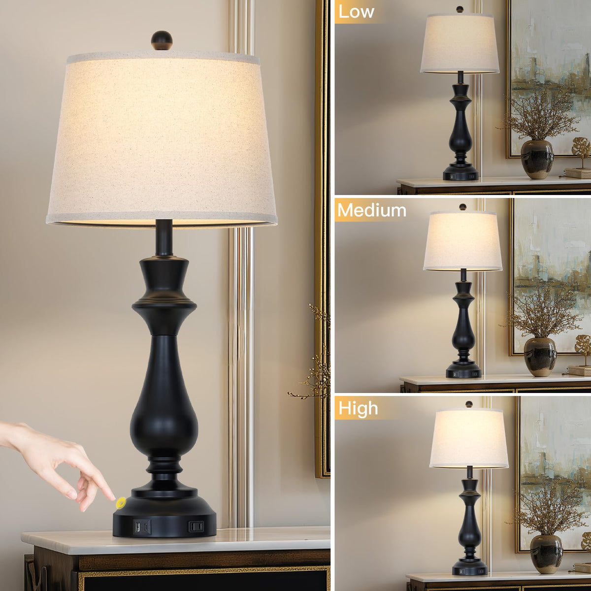 luxeflow Modern Black Table Lamp for Living Room,30" Tall Bedside Lamp with USB Charging Port,3-Way Dimmable Touch Nightstand Lamp for Bedroom Desk Side Table Office,Black-1P