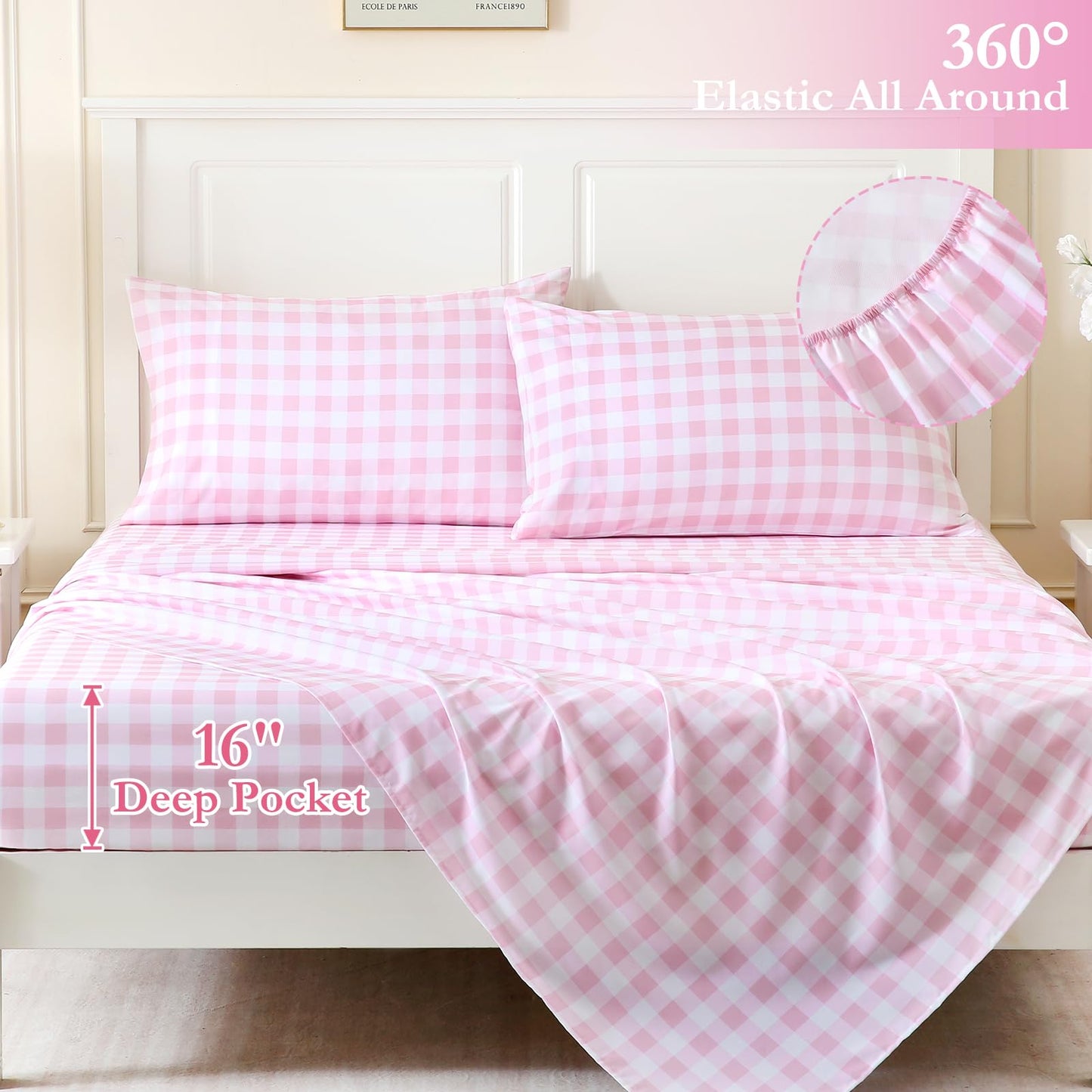 MICORAL Queen Sheet Set Pink Gingham Plaid, 4-Piece Brushed Microfiber Cute Grid Bed Sheets, 16" Deep Pocket, Ultra Soft & Cooling Sheet, Oeko-TEX Certified, Light Pink