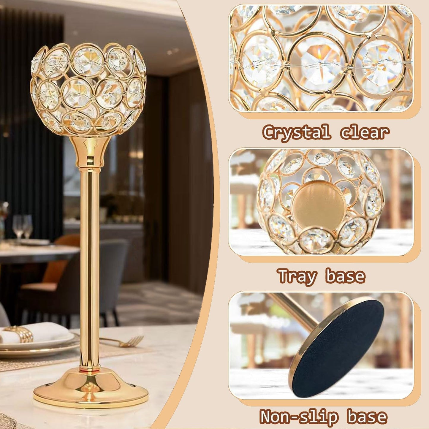 Candle Holder Candlestick Holders- 1Set Gold Crystal Pillar Candle Holders,Metal Candlestick Stands for Wedding Centerpieces,Table Decor for Church,Valentine's Day Housewarming Gift,3Pcs
