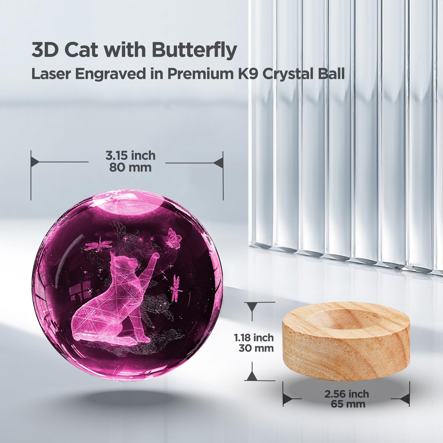 Crystal Ball Night Light Cat Lamp, 3.15 Inch Cat Figurines with 16 Color Wooden LED Base, Birthday &