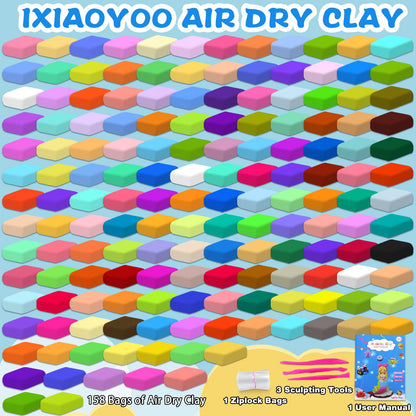 Ixiaoyoo Air Dry Clay for Kids, 158 Colors Modeling Clay Kit, DIY Model Toys with Sculpting Tools, School Arts & Crafts Set, Safe & Non-Toxic, Birthday & Christmas Gifts for Boys Girls Ages 3-12