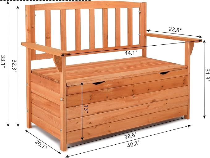 Outvita Outdoor Wood Storage Bench, Wooden Large Deck Box with Seating & Armrest, Waterproof Patio Organizer Loveseat for Garden Porch Deck Backyard Poolside, Natural