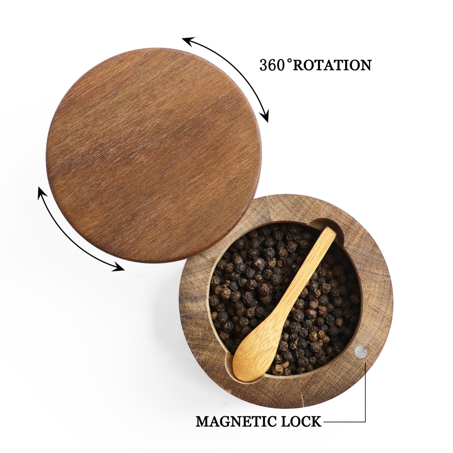 Acacia Wood Spice Box with Swivel Cover for Kitchen Countertop,Salt Keeper with Built-in Spoon,Modern Farmhouse Kitchen Decoror for Storing Seasonings (Labeled Salt & Pepper)